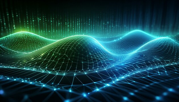  A complex web of glowing binary code in shades of green and blue on a black background, 