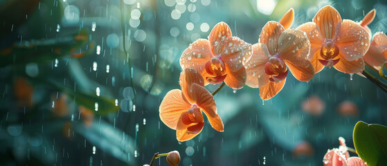 raining on orange orchid flowers - Powered by Adobe