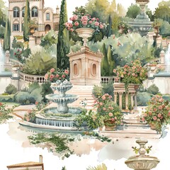 An 18th century French Rococo garden with a fountain, statues, and flowers