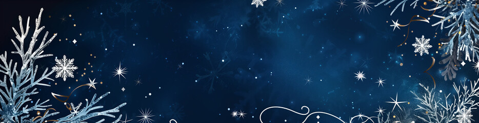 Blue banner with silver swirls and stars, Christmas and New Year decorations for design.