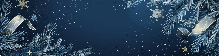 Blue banner with silver swirls and stars, Christmas and New Year decorations for design.