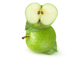 Green apples with leaves on an isolated white background.
