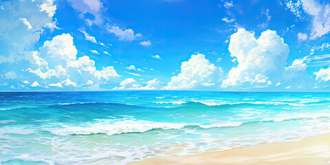 Obraz premium Beach paradise tropical sands and sea background banner anime cartoon style, generated ai