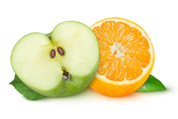 Apple and orange slice on isolated white background.
