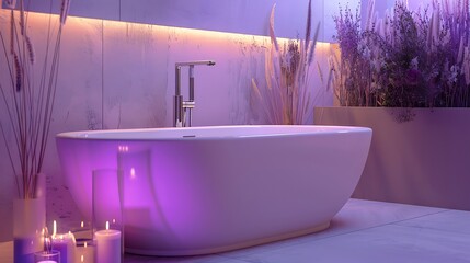 Soft lavender bathroom with sleek white bathtub, silver faucet, and ambient lighting for a relaxing...