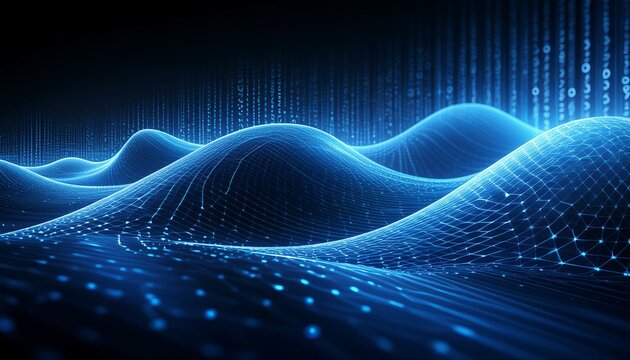Rows of blue binary code arranged in a wave-like pattern on a sleek, black background. 