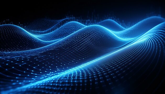 Rows of blue binary code arranged in a wave-like pattern on a sleek, black background. 