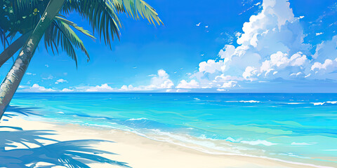 Fototapeta premium Beach paradise tropical sands and sea background banner anime cartoon style, generated ai