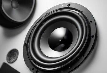 background white olated black speaker music sound entertainment loud industry loudspeaker closeup listen technology round design electronic voice woofer equipment object system audio device