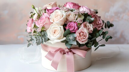 A bouquet of pink and white roses decorated in a hat box on a light background
