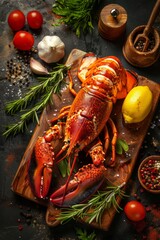 Fresh cooked lobster on rustic wooden board