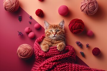 Cozy ginger kitten surrounded by yarn balls