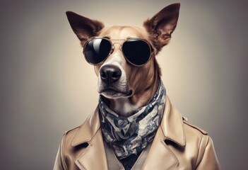 wide funky looking jacket dog text animal dress fashion wearing leather stylish right supermodel sunglasses beige side cool banner horse with vest posing space