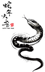 Traditional Chinese Year of the Snake illustration vector 2025, Asian elements, ink style(Translation: Snake Zodiac 2025 Happy New Year)