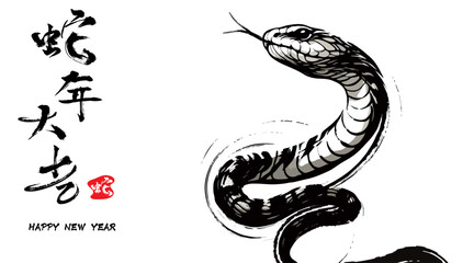 Traditional Chinese Year of the Snake illustration vector 2025, Asian elements, ink style(Translation: Snake Zodiac 2025 Happy New Year)