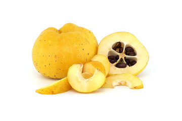 Vibrant quince fruits, both sliced and whole on white