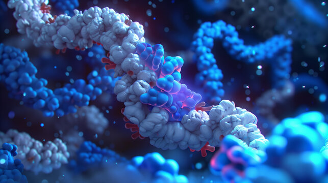 A 3D rendered of ribosomes synthesizing a polypeptide chain, focusing on the translation process 
