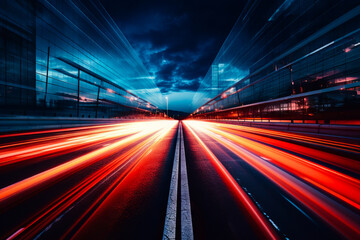 Long exposure photo of city street at night with bright lights.