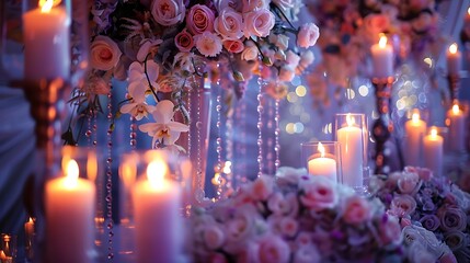 Beautiful wedding decoration with flowers and candles