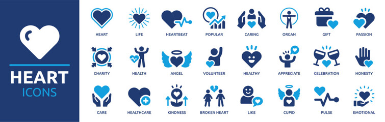 Heart icon set. Containing life, heartbeat, caring, passion, healthcare, emotional, like, charity and more. Solid vector icons collection.