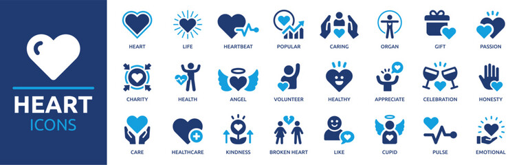 Heart icon set. Containing life, heartbeat, caring, passion, healthcare, emotional, like, charity and more. Solid vector icons collection.