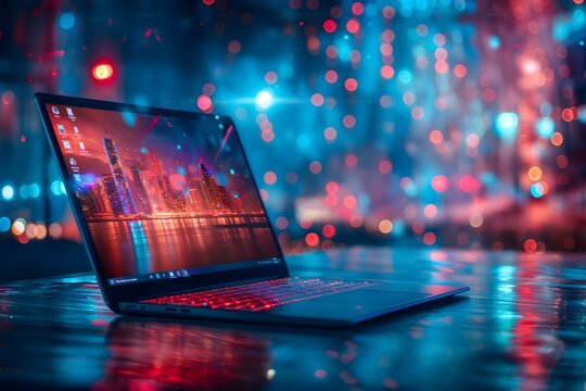 A modern laptop with glowing code on the screen, set against a cityscape with vibrant neon lights and a bokeh effect