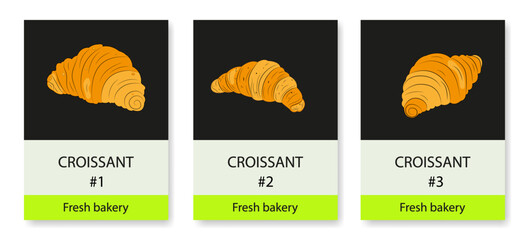 Showcase with croissants. Exhibition with fresh buns, advertising poster, pricing policy for baked goods. Set of fresh croissants for breakfast, fast food. Signboard, menu, price. Vector illustration.