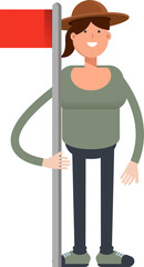 Woman in Hat Character Holding Flag Pole
