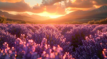Lavender fields at sunset, with the golden light casting a warm glow over the purple blooms and...