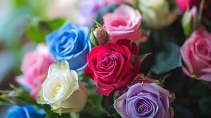 colorful blue red green white pink purple rose flower bouquet in full blossom