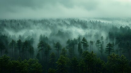 A misty morning in a forest of tall pine trees, with the fog creating an ethereal atmosphere and softening the landscape. List of Art Media Photograph inspired by Spring magazine