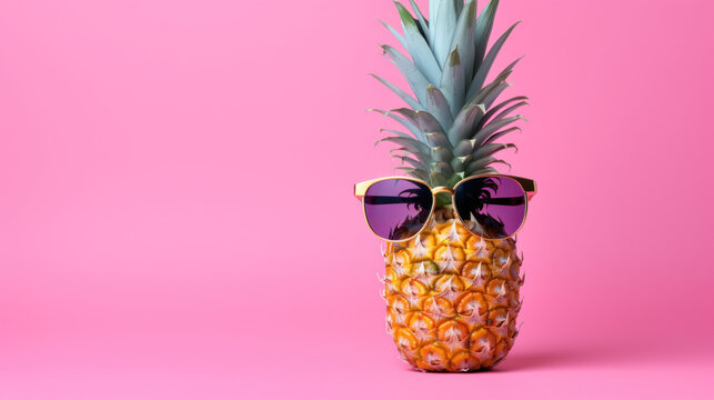 A stylish pineapple wearing sunglasses on a pink background. Perfect for summer, tropical, and fun-themed designs and marketing.