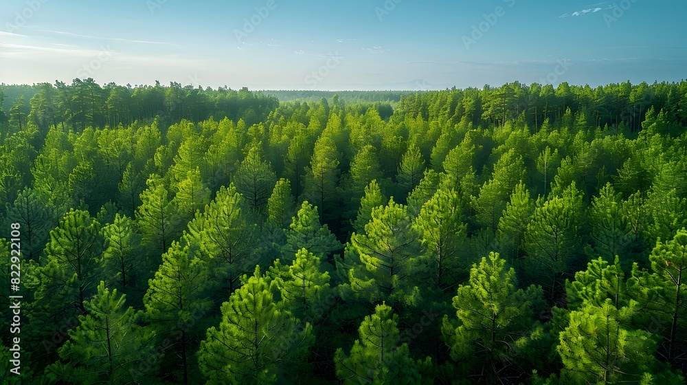 Wall mural a panoramic view of a vast forest of tall pine trees, stretching out as far as the eye can see under
