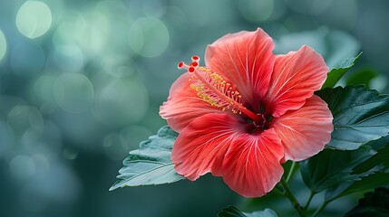 A close-up of a vibrant red hibiscus flower in full bloom, highlighting its delicate petals and prominent stamen against a blurred green background. List of Art Media Photograph inspired by Spring