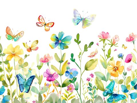 A beautiful watercolor painting of a meadow filled with colorful flowers and butterflies