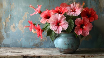 Red hibiscus flowers in a vase on a wooden table, bringing a touch of tropical elegance to an indoor setting. List of Art Media Photograph inspired by Spring magazine