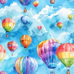 Fototapeta premium A seamless pattern of watercolor hot air balloons in various colors, with a blue cloudy sky background. The balloons are all different colors and have different patterns.