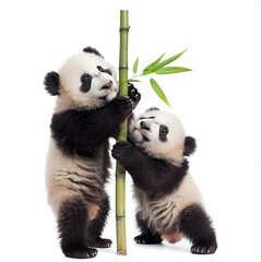 Fototapeta premium Baby Pandas Clumsily Climbing Imaginary Bamboo on White Background