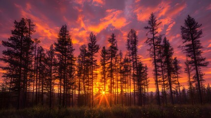 The silhouettes of tall pine trees at dusk, with the sky painted in hues of orange and pink as the sun sets behind the horizon. List of Art Media Photograph inspired by Spring magazine