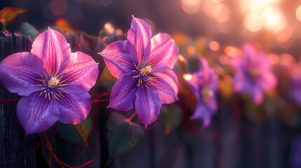 A close-up of a blooming purple clematis vine climbing a rustic wooden trellis, with sunlight filtering through the petals. List of Art Media Photograph inspired by Spring magazine