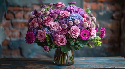 A bouquet of mixed purple flowers, including hydrangeas, roses, and daisies, arranged in a stylish vase on a wooden table. List of Art Media Photograph inspired by Spring magazine