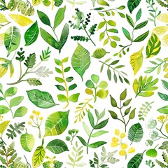Fototapeta premium A seamless pattern of hand-painted watercolor leaves in various shades of green and yellow on a white background