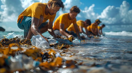 A volunteer team cleaning up a beach, collecting plastic waste and other debris to protect marine life and the environment. List of Art Media Photograph inspired by Spring magazine