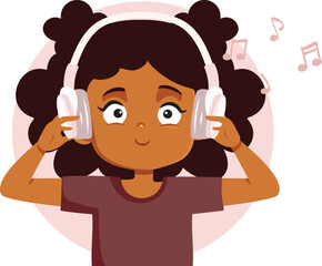 Child Wearing Headphones Listening to a Song Vector Character. Happy girl of African ethnicity enjoying music feeling relaxed 
