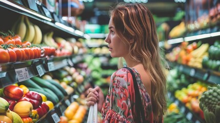 Obraz premium Woman in eco-friendly attire selecting produce at a green market