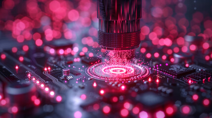 a futuristic concept of a circuit board, created by a high-tech tool, bathed in vibrant pink and red hues, blurred with pink bokeh lights, with a high-energy and ethereal appearance