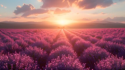 A field of purple lavender flowers in full bloom under a bright, clear sky, with the rows of...