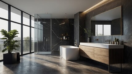 Fototapeta premium Minimalist Luxury: Modern Bathroom with Freestanding Tub and Marble Finishes.