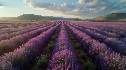 A field of purple lavender flowers in full bloom under a bright, clear sky, with the rows of...