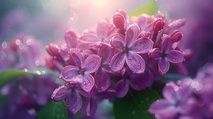 Close-up of delicate purple lilac flowers, highlighting their intricate petals and lush green leaves, with soft natural light illuminating the scene. List of Art Media Photograph inspired by Spring